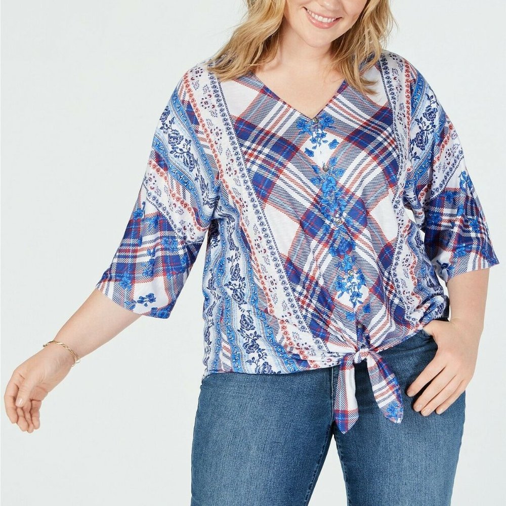 Style & Co Womens PLUS Blue White Multi Plaid Prin